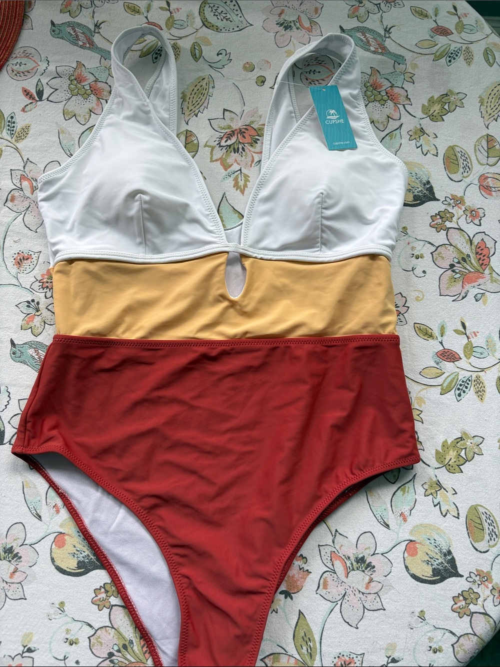 CupsheColorblock One-Piece Swimsuit — White, Mustard, Rust XL NWT